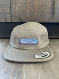 5 Panel Grey Hat with Blue Script Logo