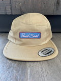 5 Panel Tan Hat With Blue Script Logo